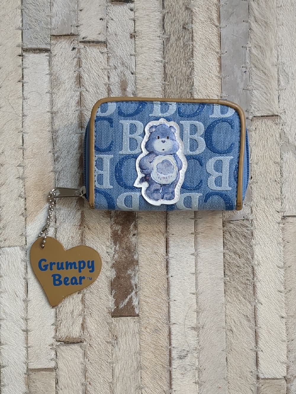 Care Bears "Grumpy Bear" Denim Blue ID Holder With Zipper, Keychain, Coin Purse